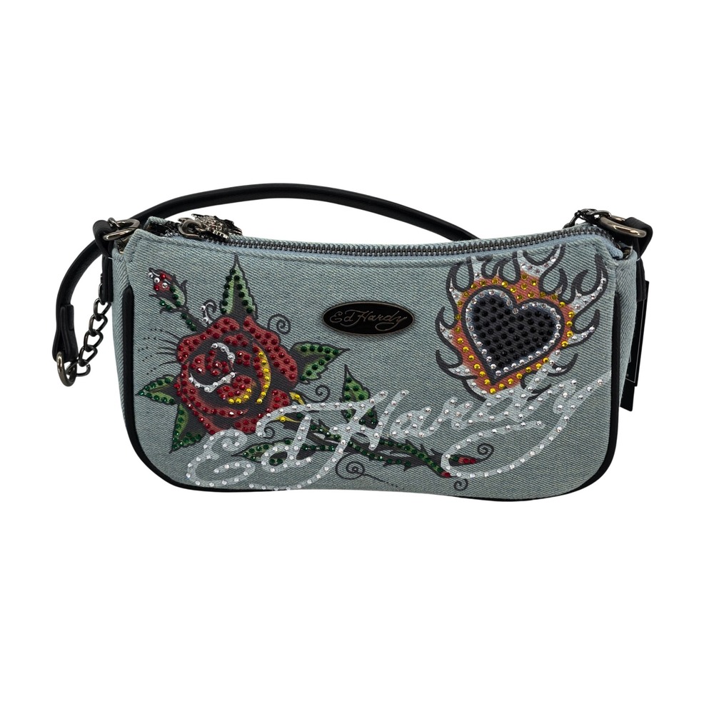 Ed Hardy Denim Blue Rhinestone Rose Heart Shoulder Bag EHH255A-42-DMB New